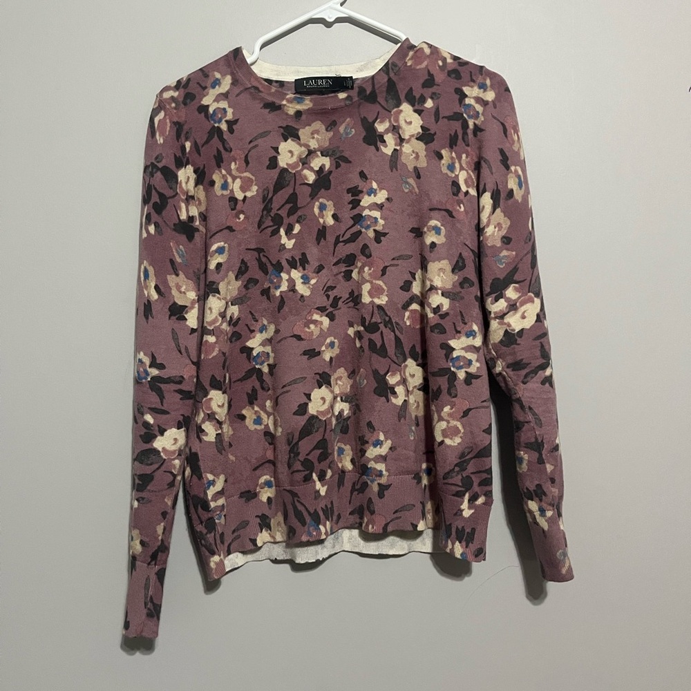 Lauren Ralph Lauren Black‎ Label 
Pink Floral Cotton-Blend Crewneck Sweater L